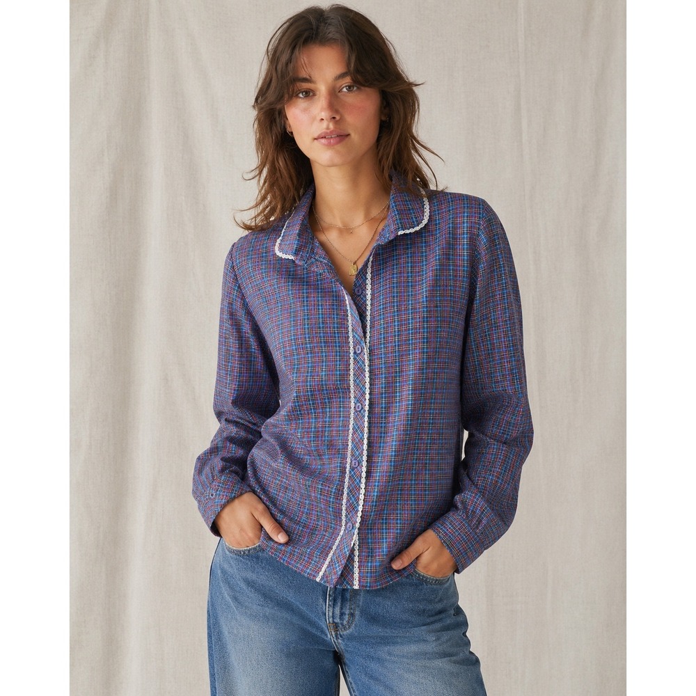 Shirley of Atlanta 70s Plaid Lace‎ Trim Blouse Womens Size 38 Blue Red Vintage